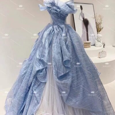 法式抹胸齊地藍色晚禮服French tube top floor-length blue evening dress