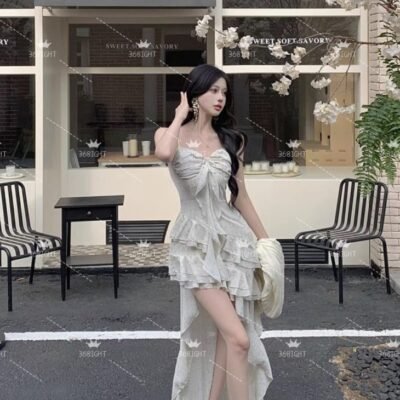 法式荷葉邊碎花不規則連身裙French ruffled floral irregular dress